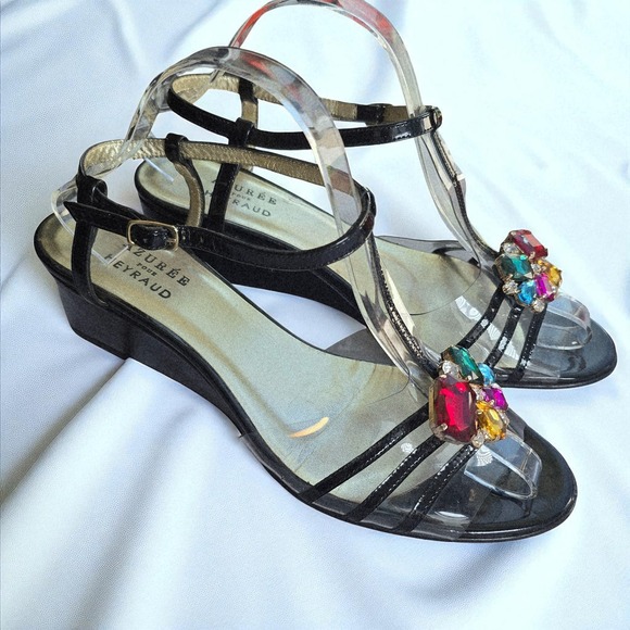 Azuree Pour Heyraud Embellished Wedge Sandals Black Clear Strappy Woman Size 8 - Picture 1 of 13